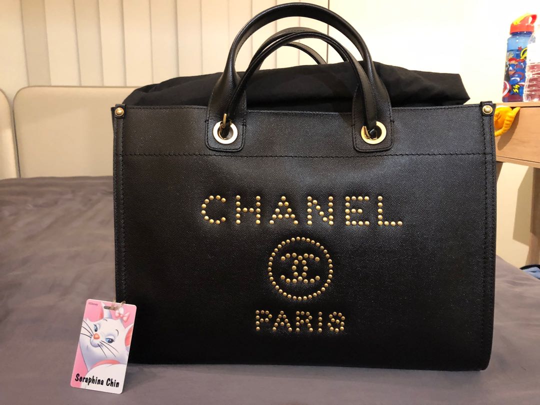 Chanel deauville black caviar studded metal tote bag Large size brand new