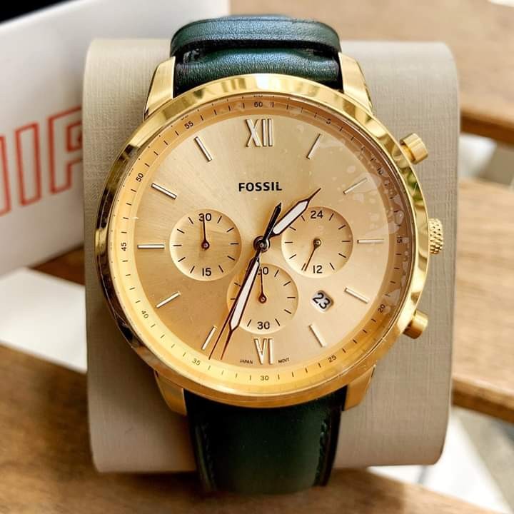 Orig Fossil FS5580 Neutra Chronograph Gold Dial Dark Green Leather