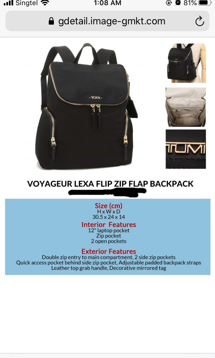 Tumi voyageur lexa flip zip flap backpack Women s Fashion Bags
