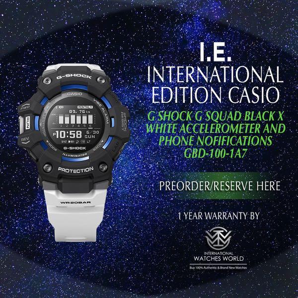 CASIO INTERNATIONAL EDITION G SHOCK G SQUAD BLACK AND WHITE WITH ACCELEROMETER AND PHONE NOTIFICATIONS GBD 100 1A7