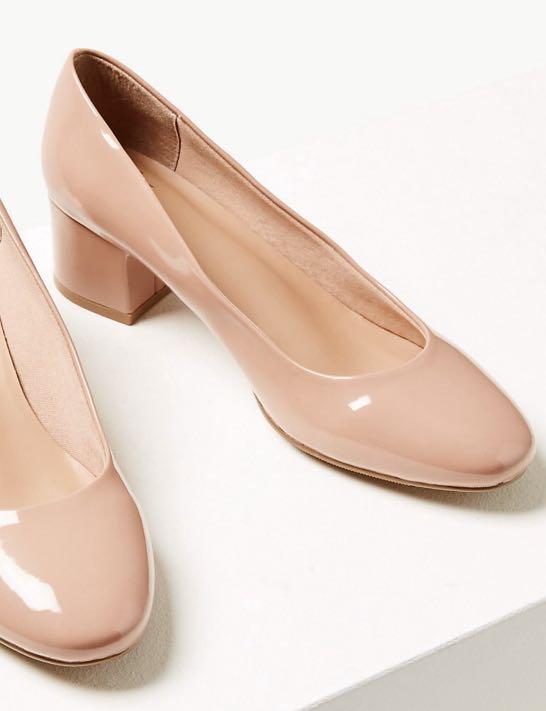 Mark Spencer Nude Color Wide Fit Patent Block Heel Court Shoes