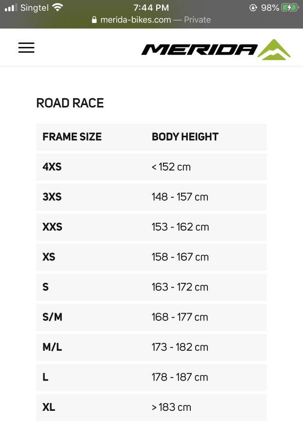 Merida frame 2025 size chart