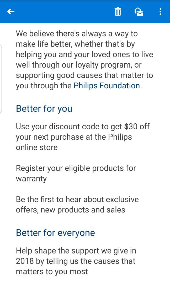 Philip discount code (Category: Everything Else) located in Singapore. Submitted by happypenguinn (Listing ID 280583163, Image 1). Description: I have a philip online discount code to give away with a token of appreciation. Spend a minimum of $100 and enjoy $30 off after entering the discount.
