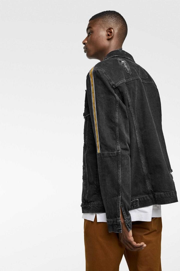 Zara Men Ripped Black Denim Jacket with Yellow Sides Men s
