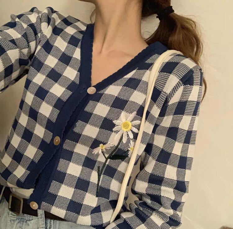992 tumblr basic ulzzang checkered plaid yellow blue check flower embroidered sweater cardigan