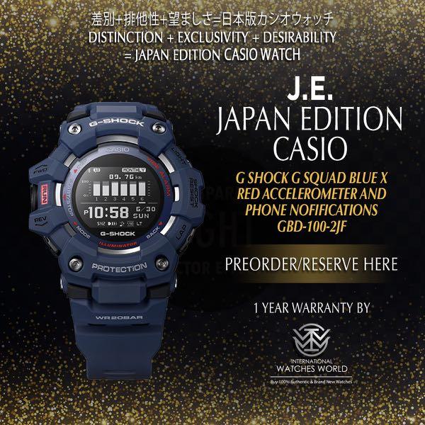 CASIO JAPAN EDITION G SHOCK G SQUAD WITH ACCELEROMETER AND PHONE NOTIFICATIONS GBD 100 2JF BLUE