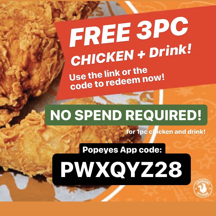 FREE Popeyes Chicken & Drink Voucher Promotion Referral Code, Food