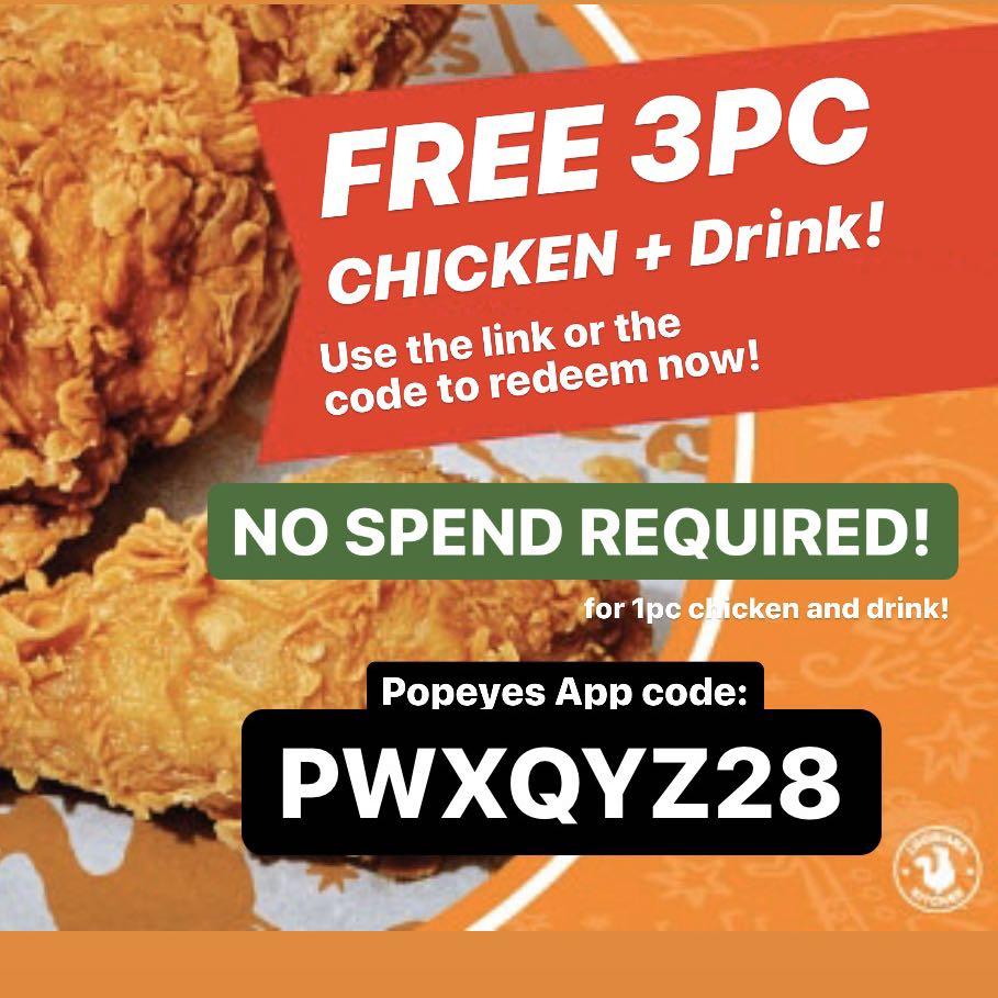 FREE Popeyes Chicken & Drink Voucher Promotion Referral Code, Food