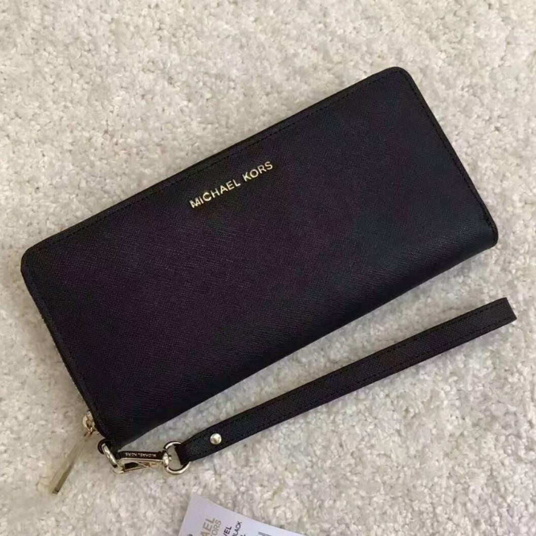 Michael Kors Jet Set Travel Leather Continental Wallet Wristlet Black 100%  Authentic, Luxury, Bags & Wallets on Carousell