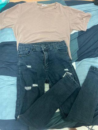 舒舒服服咖色T+正韓刷破牛仔褲