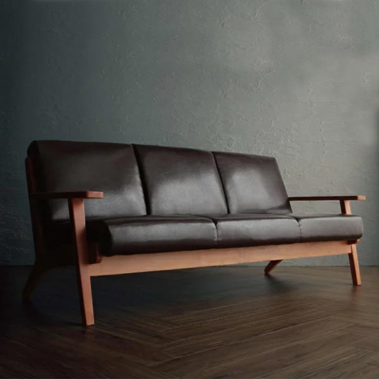 Japanese Style Solid Wood Pu Leather, Leather And Wood Sofa