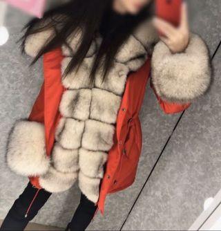 Red winter coat with white fox fur