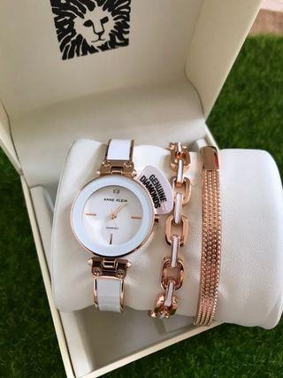 全新Anne Klein Ak3346白色玫瑰金手錶加手鏈