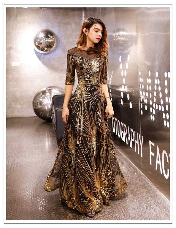 pre order black gold sequin long sleeve prom wedding evening gown dress RBP1399