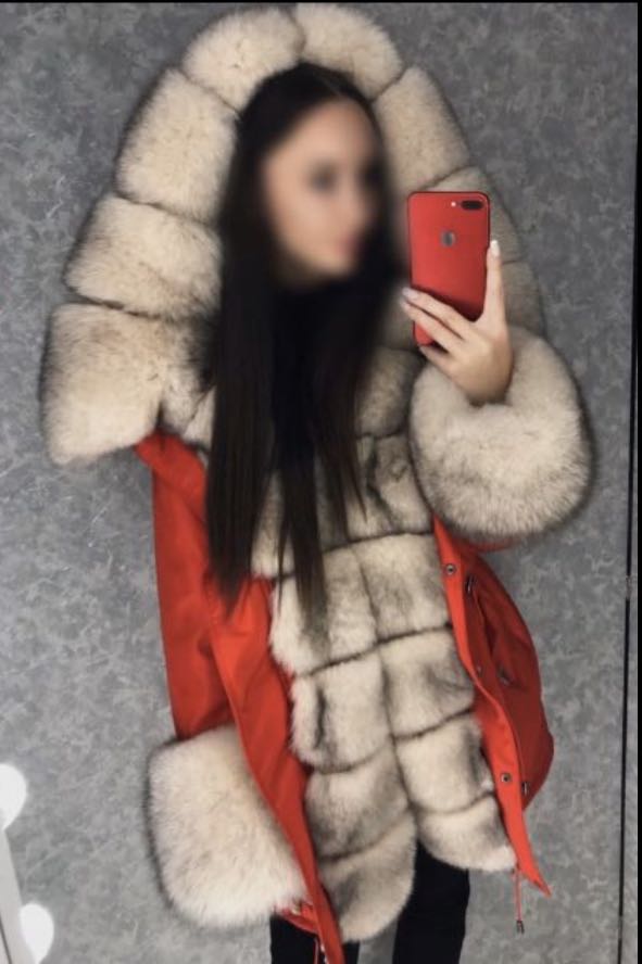 Red winter coat with white fox fur