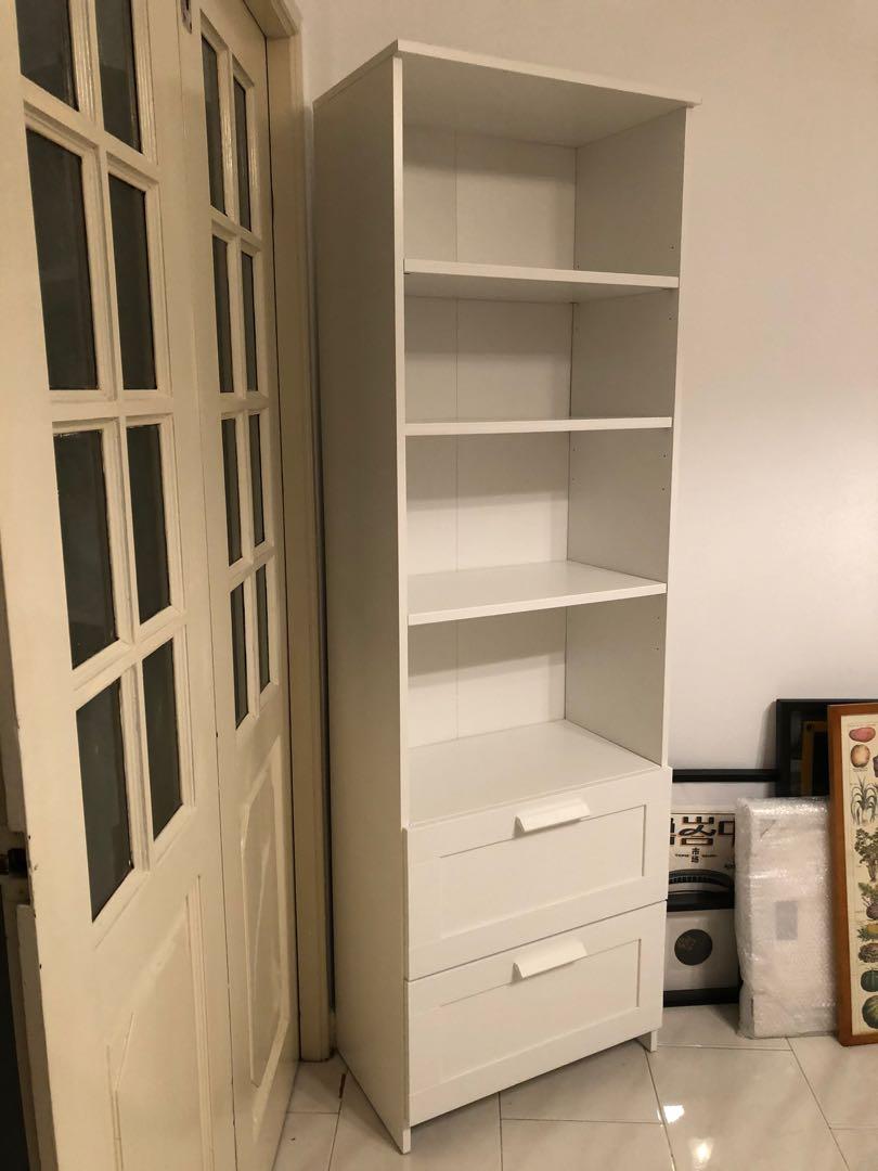 Tall White Bookshelf with Drawers, Furniture & Home Living, Furniture