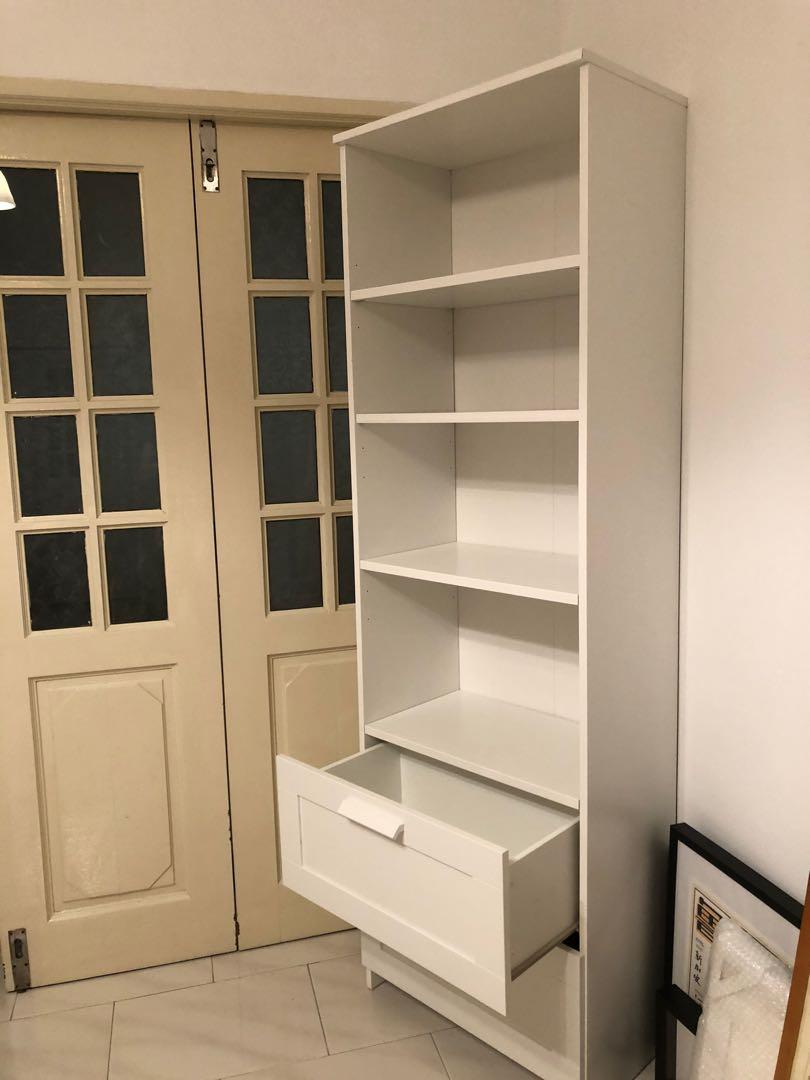 Tall White Bookshelf with Drawers, Furniture & Home Living, Furniture