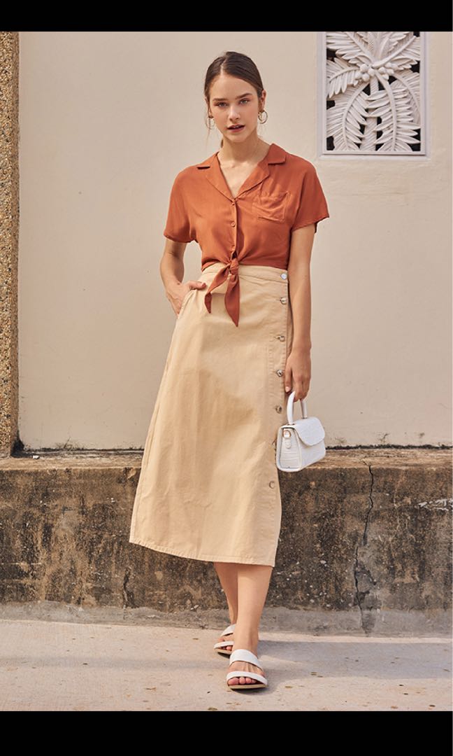 khaki denim midi skirt