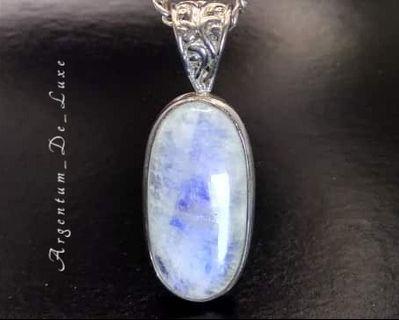 Genuine Rainbow Moonstone Cabochon Pendant 925 Sterling Silver ML7938