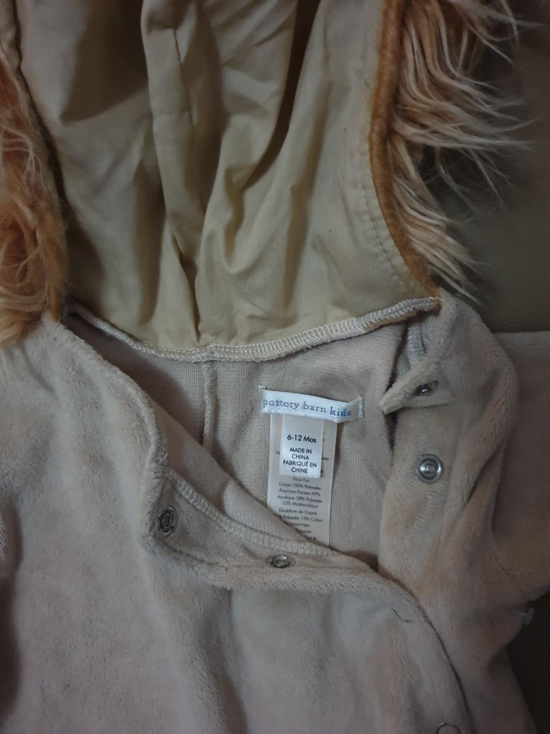 Pottery barn kids lion costume (Category: Babies & Kids Fashion) located in Manila. Submitted by msjds08 (Listing ID 281596659, Image 2). Description: Authentic pottery barn kids lion costume. Plush material. 6 mos to 1yr. Just tried on, unused. RFS: Outgrown, decluttering.