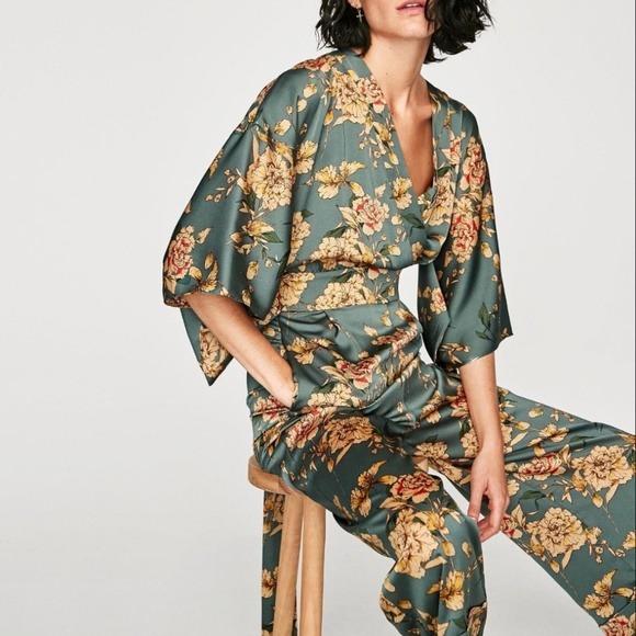 Zara green floral jumpsuit clearance