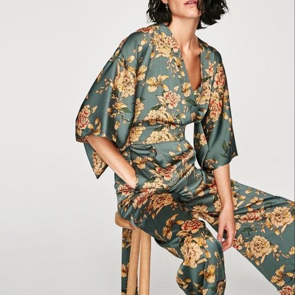 zara green floral jumpsuit