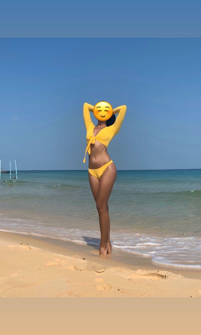 Custom made yellow swimsuit (Category: Bikinis & Swimsuits) located in Quezon City. Submitted by raebaaee (Listing ID 281862648, Image 1). Description: High quality, thick material and with no flaws, only worn once. Long straps so you may criss cross around the waist 34B top Size small bottoms .