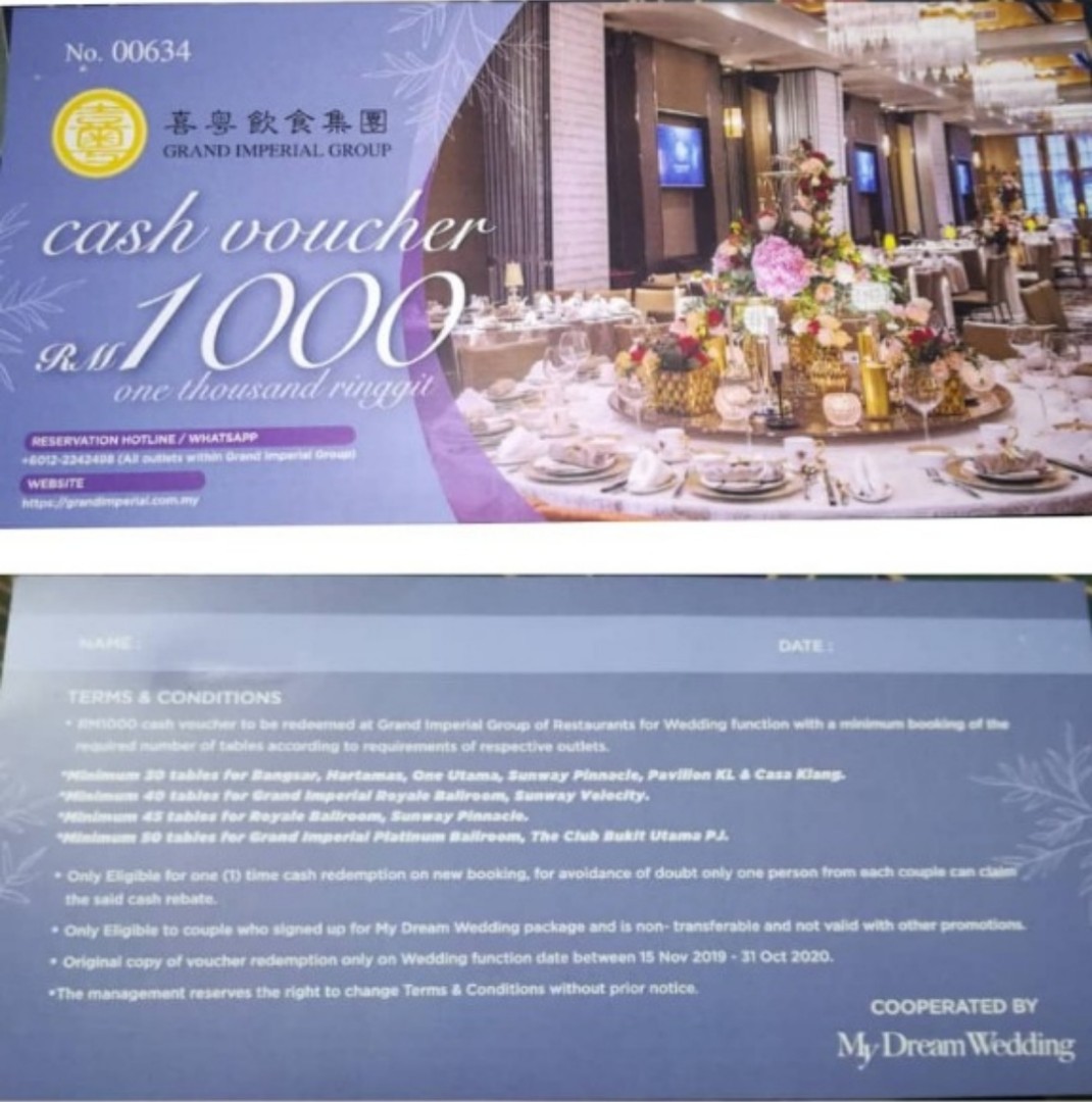 Grand Imperial Group Cash Voucher worth RM1000, Tickets & Vouchers