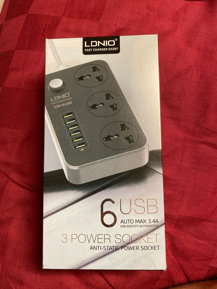 LDNIO Power Strip 3 Universal AC Socket With 6 USB Charging Port 3.4A & 2m Cable