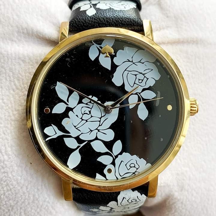 Orig Kate Spade Metro Ksw1498 Black And White Floral Leather Watch