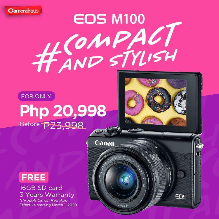 Canon eos m100 mirrorless camera (Category: Cameras) located in Quezon City. Submitted by direk_kit (Listing ID 282096945, Image 1). Description: Bnew.