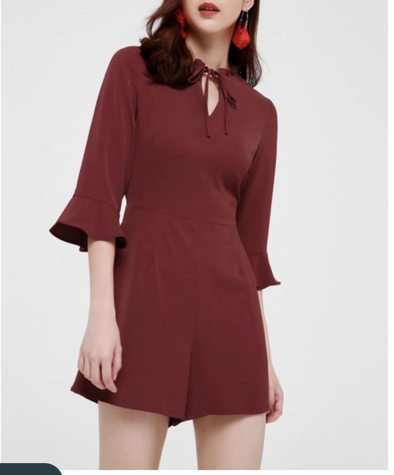 Maroon ruffle sleeve romper (Category: Rompers) located in Singapore. Submitted by fattydolly (Listing ID 282063243, Image 1). Description: With tag still on Free mailing .