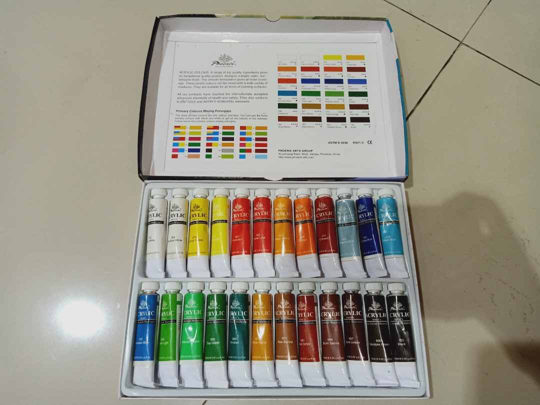 Phoenix Artist's Acrylic Colour Set 24 Fine Colours, Desain & Kerajinan ...