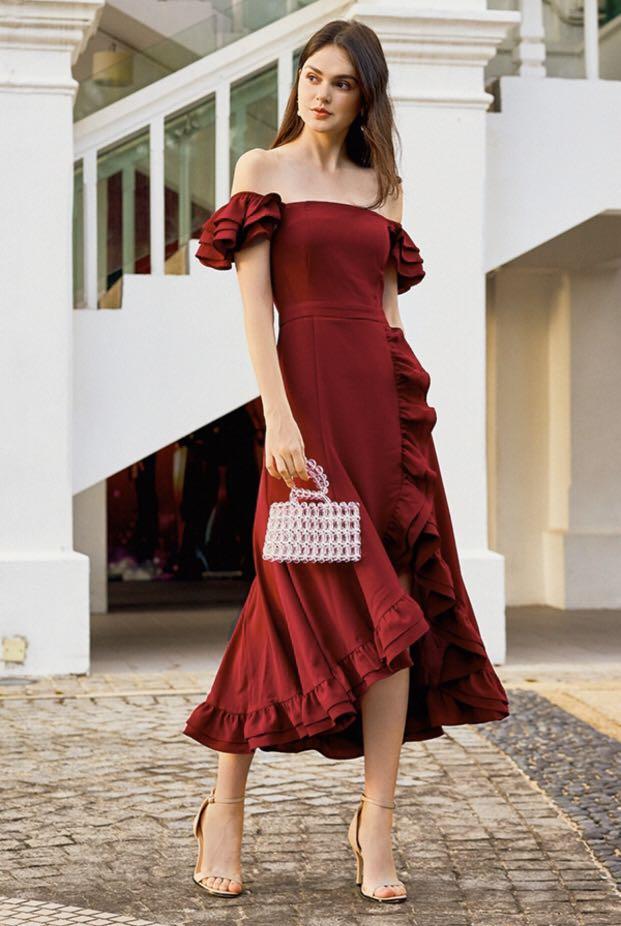 Red ruffle hotsell midi dress