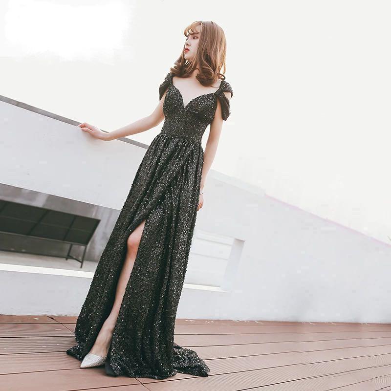 Evening Gown Shinny glamorous Deep V cut high cut Wedding Korean Dress Size M L