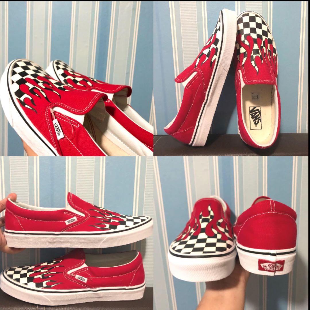 Red checkered flame discount slip on vans