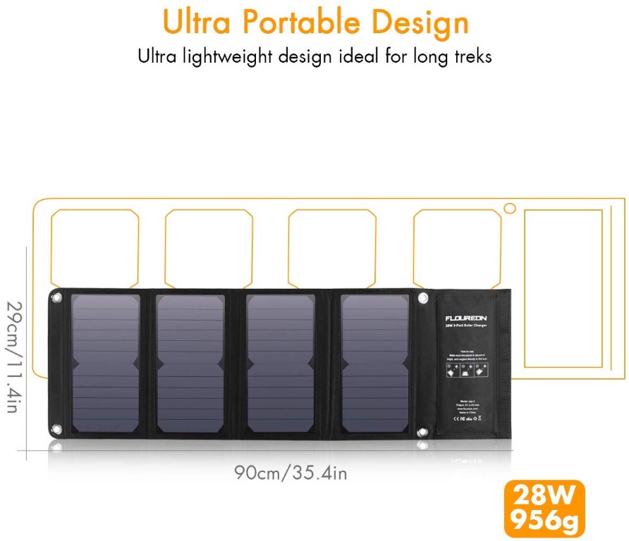 FLOUREON Solar Charger 28W Solar Panel Charger Phone Solar Charger with 3 USB Ports 5 Panels Folding Portable Outdoor Solar Charger for Smart Phones, Tablets, Outdoor Travel Camping Hiking