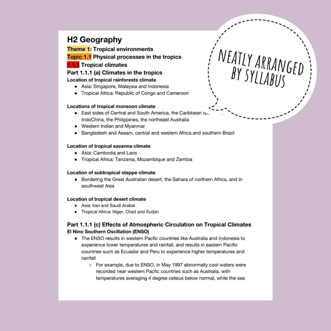 H2 GEOGRAPHY EXAMPLE / CASE STUDY NOTES (Category: Assessment Books) located in Singapore. Submitted by studentnotes (Listing ID 282378804, Image 2). Description: 🤩H2 GEOG EXAMPLE LIST 2 Format: PDF Price: $4 per topic, $10 if you get all the topics (SAVE $2) Syllabus: 9751 Topics/ Number of pages: 1. Tropical Environments (27 pages) 2. Development, Economy and Environment (58 pages) 3. Sustainable Development (35 pages) More than 100+ pages in 