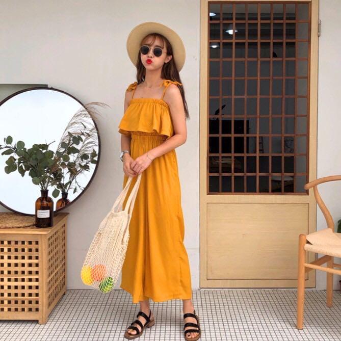 Mustard Yellow One piece Long Pants Sleeveless Romper Women s