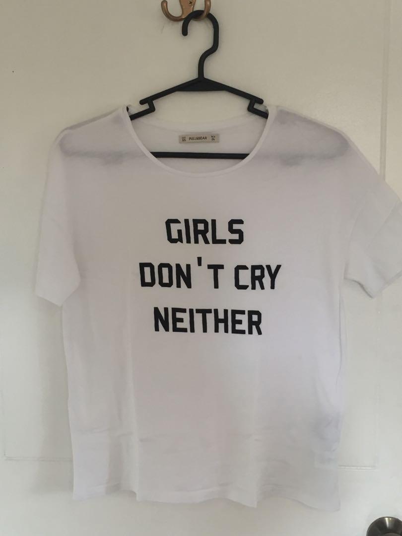 Pull&Bear White "Girls don't cry neither" Top (Category: Others Tops) located in Cainta. Submitted by smb07 (Listing ID 282345678, Image 1). Description: 👚 Product: White Pull&Bear "Girls don't cry neither" Top 🧥 RFS: I no longer use this top, but it is still in very good condition 👗 Used: Only twice 👒 Meet-up: Robinsons Metro East, Sta. Lucia East, SM East Ortigas; cash payment 🧦 Items are all AUTHENTIC, NON-REFUNDABLE, AND WILL COME WASHED
