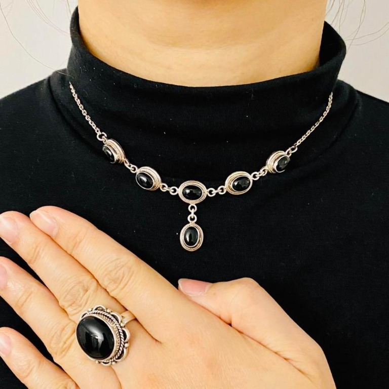 Vintage Style 925 Silver Black Stone Necklace Ring Set 復古懷舊黑石925銀頸鏈及介指套裝 $280包郵