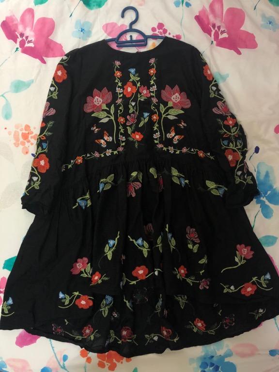 Zara black floral embroidered dress sales