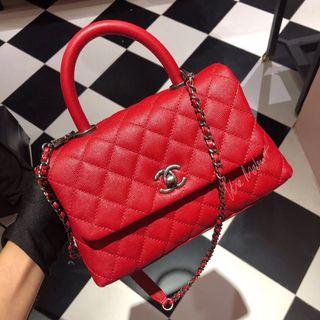Authentic Chanel Small Coco Handle Red Caviar Leather RHW
