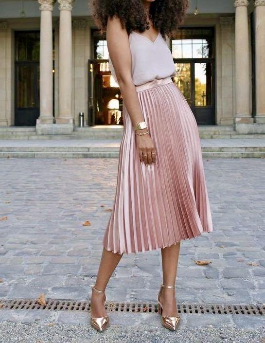 Rose Gold Metallic Pleated Midi Skirt