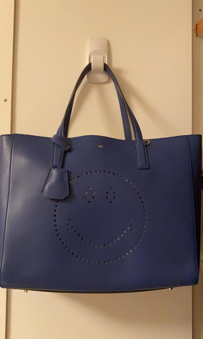 Blue Anya Hindmarch Smiley Face Tote, Women's Fashion, Bags & Wallets