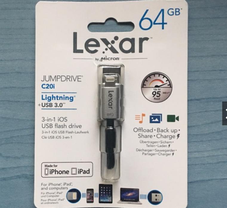 Lexar Jumpdrive C20i Lightning to USB 64GB (Category: Chargers & Cables) located in Quezon City. Submitted by rex168 (Listing ID 282577598, Image 1). Description: 3-in-1 iOS USB flash drive USB 3.0 Upto 95 MB/s Read Offload, Back up, Share and Charge Details: Expands the memory of your iPhone or iPad 3-in-1 solution: Lightning and USB 3.0 connectors in a convenient charging cable design USB 3.0 performance (up to 95MB/s read and 20MB/s write)** W