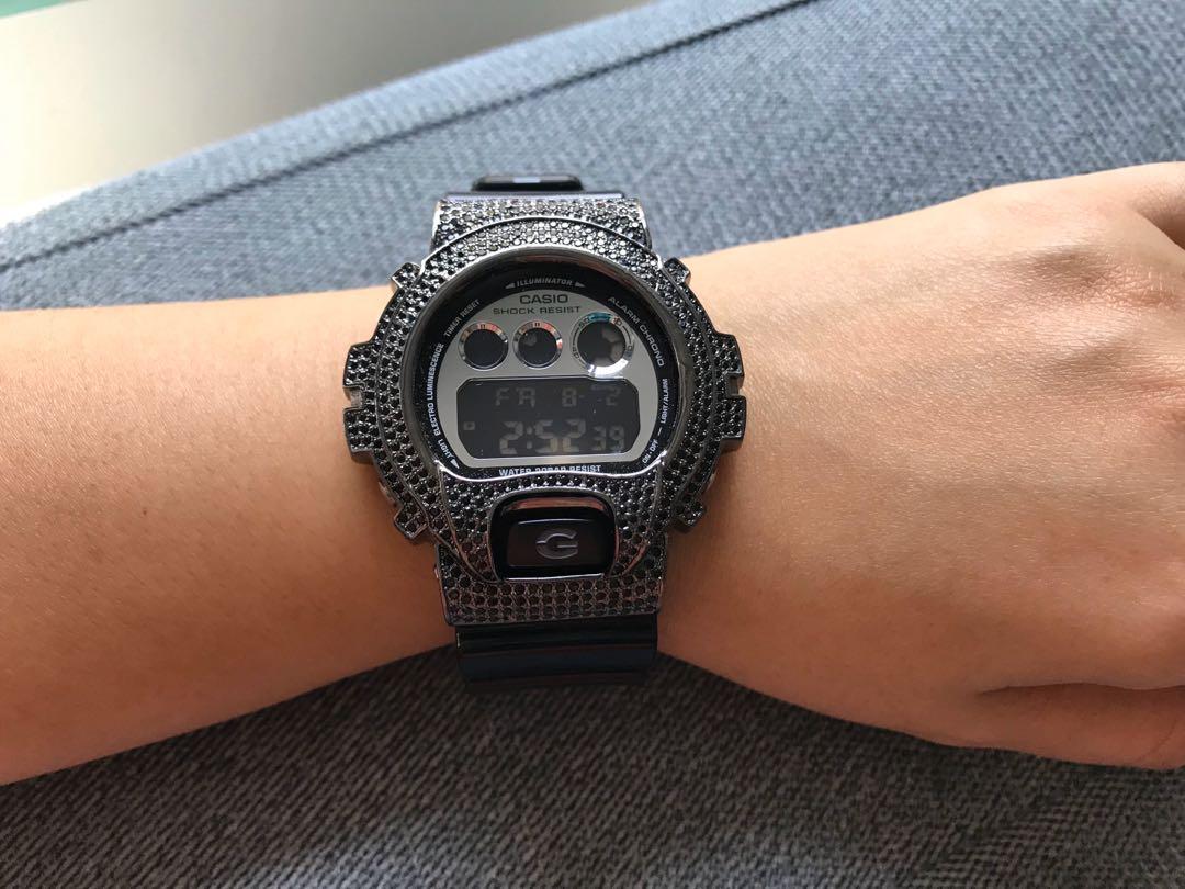 Pre-loved Casio G-shock watch in black with customised bezel in black Swarovski crystals, Luxury ...