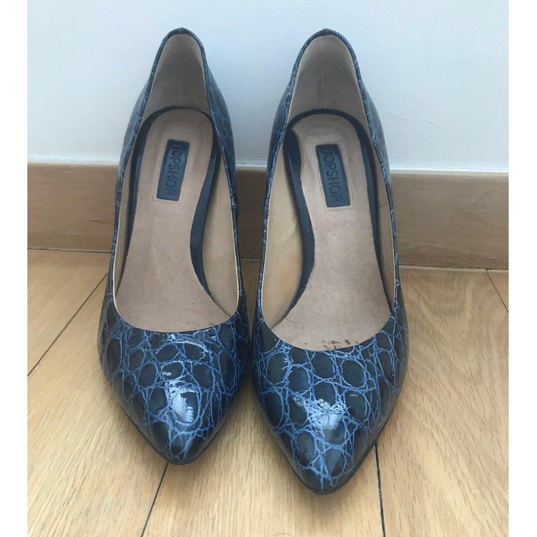 Topshop Blue Snakeskin Heeled Court shoes