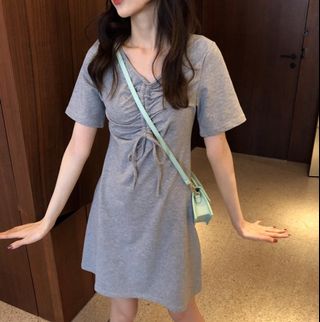 女裝 簡單中間抽繩 短袖連身裙629776544977931115