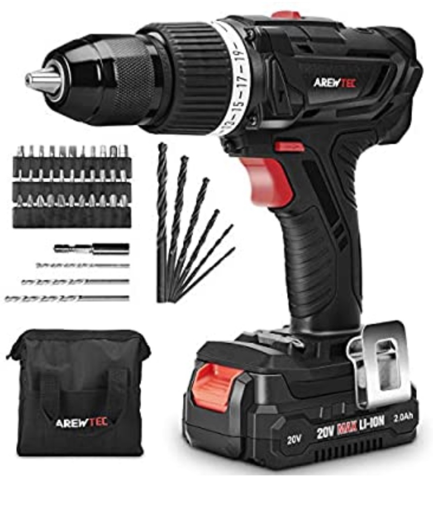 AREWTEC Cordless Drill with Hammer Action, 20V Drill Driver 2.0Ah